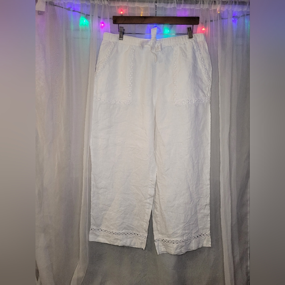 joie 100% Linen Wide Leg Pants Large White Deep Pockets Relaxed Cropped Boho